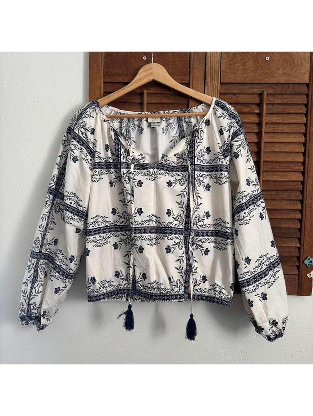 White & blue floral print blouse with tassels 100% cotton #floral #boho